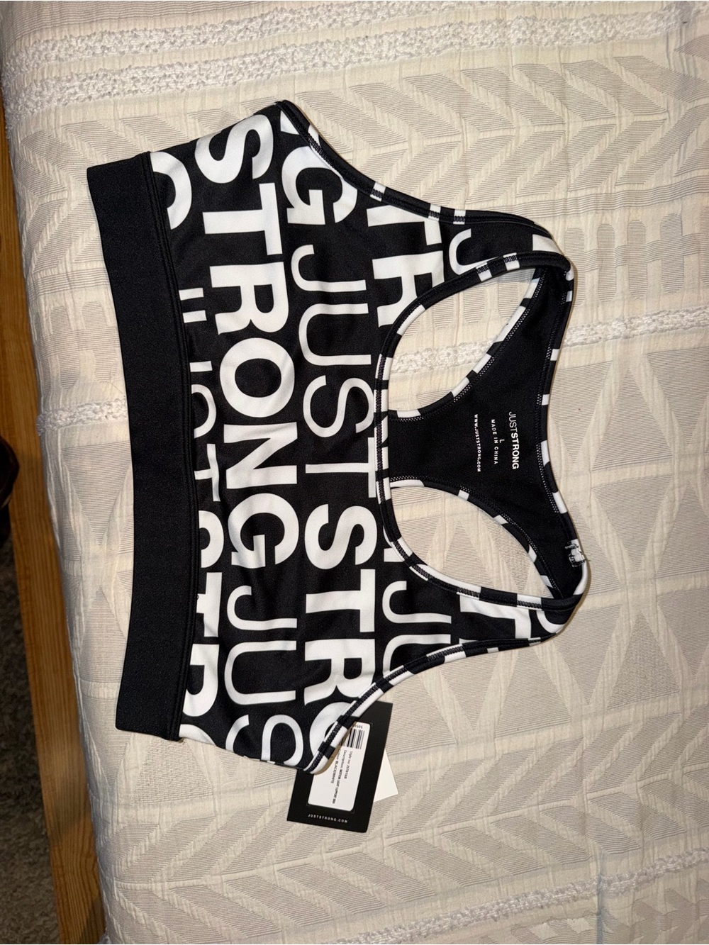 Just Strong Black & White Logo Racerback Sports Bra- Large NWT